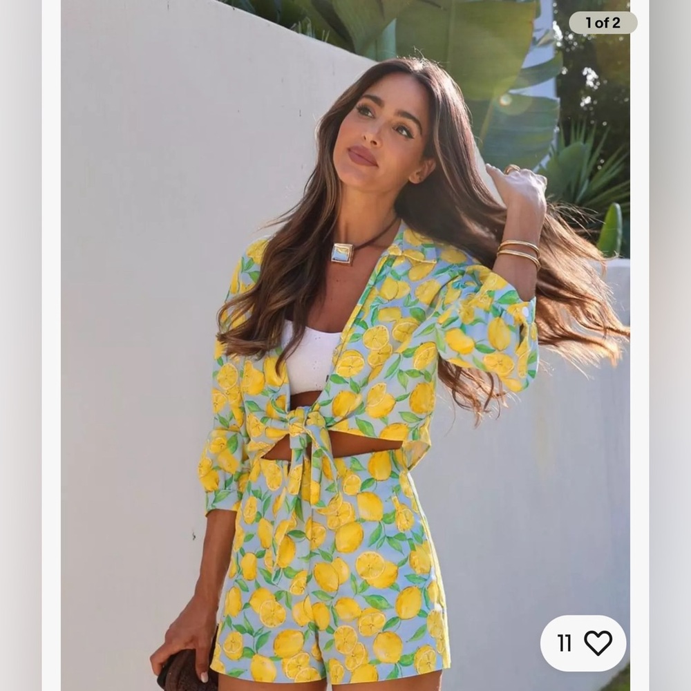 ZARA NEW WOMAN LEMON PRINTED LINEN BLEND CROPPED BLOUSE KNOT S
